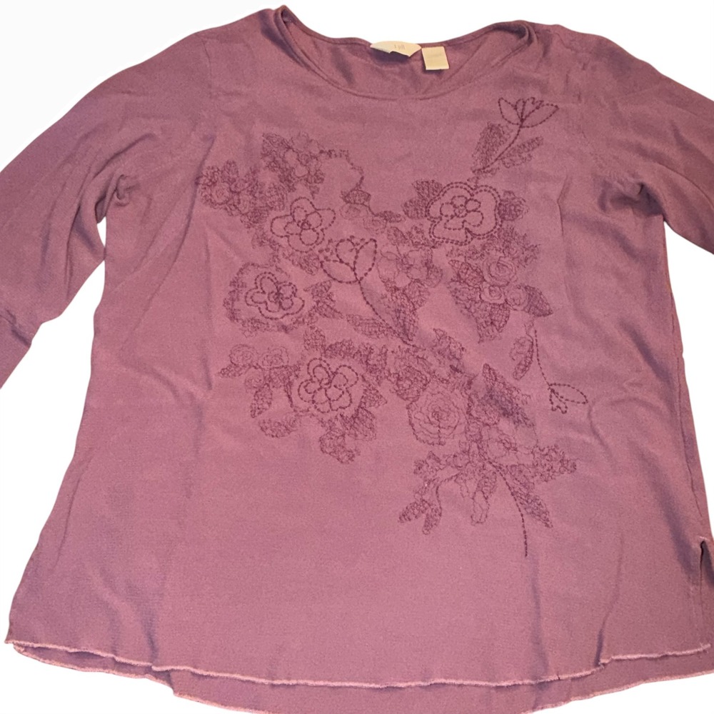 J. Jill Womens Purple Floral Embroidered‎ Rayon Long Sleeve Top Size Large Boho